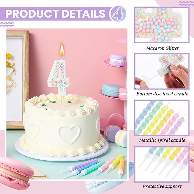 MTLEE Number 4 Birthday Candle with 12 Pcs Spiral Candles for Girls Ma