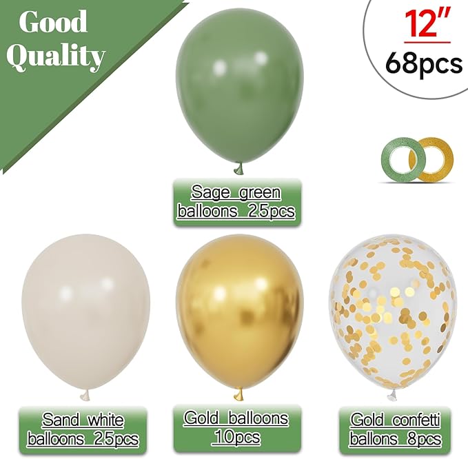 68Pcs Balloons Kit 12 Inch, Sage Green Balloon Sand White Metallic