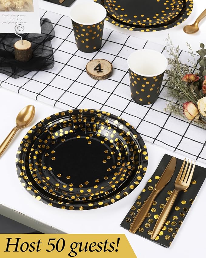 350 Pieces Party Supplies, Black and Gold Party Plates Cups and