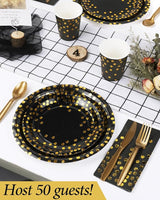 350 Pieces Party Supplies, Black and Gold Party Plates Cups and