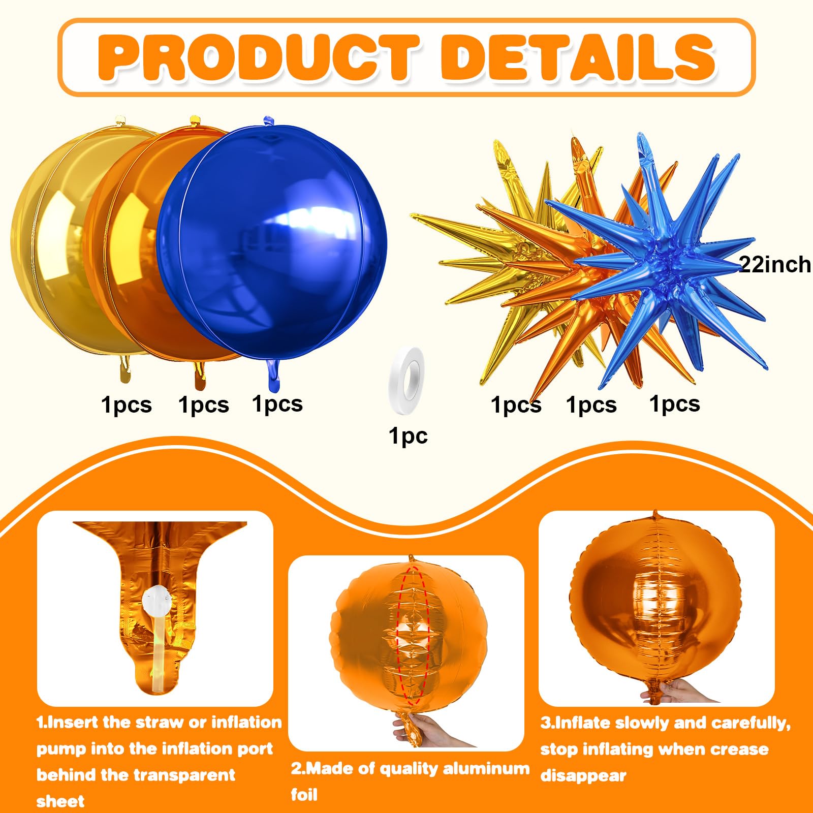6Pcs Blue Orange Gold Foil Balloons,22Inch Orange Blue Gold 4D Round