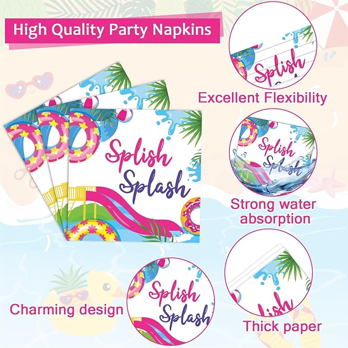 96Pcs Pink Splish Splash Plates and Napkins Summer Pool Birthday