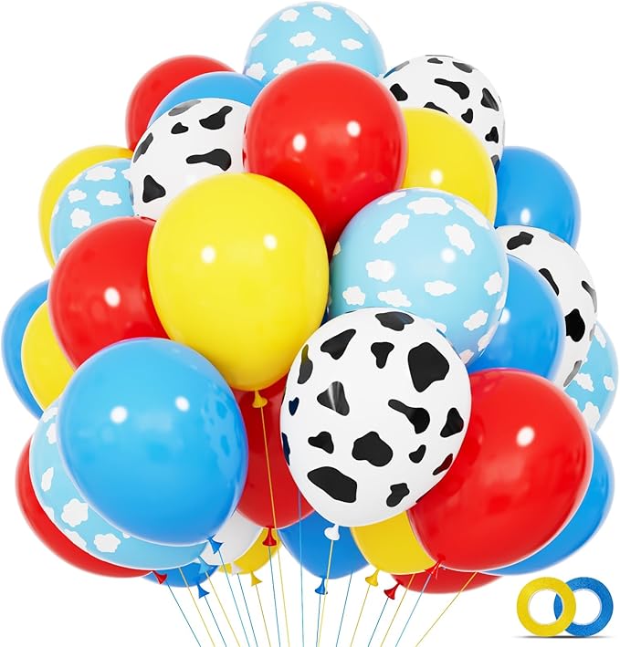 68Pcs Red Yellow Blue Toy Balloons 12 Inch Light Blue Cloud Cow Print