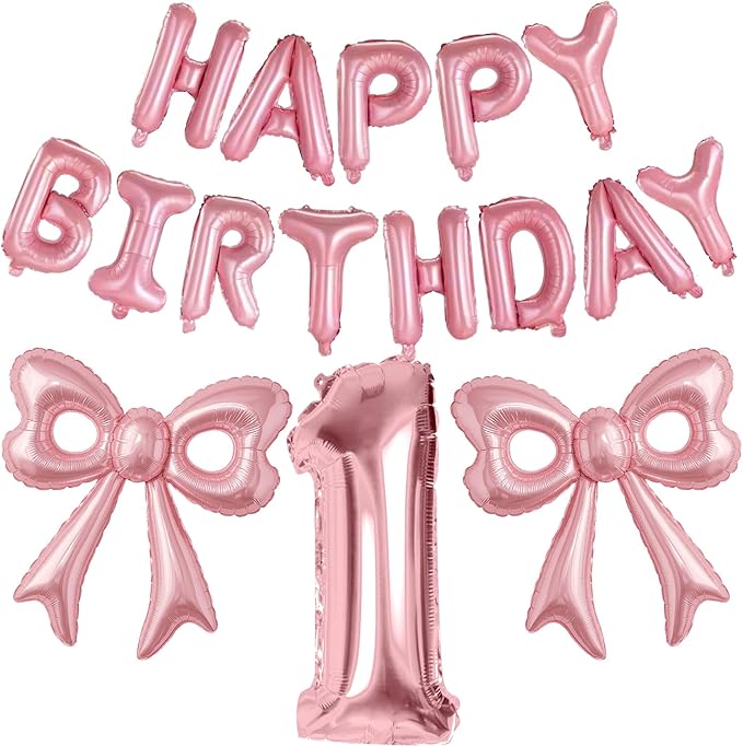 Pink Bow Happy Birthday Balloons, 40” Aluminum Foil Number 1 Balloon