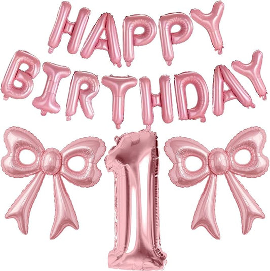 Pink Bow Happy Birthday Balloons, 40” Aluminum Foil Number 1 Balloon