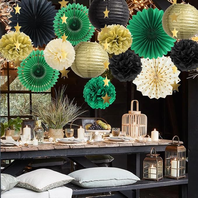 Green Black and Gold Party Decorations Paper Lanterns Black and Gold