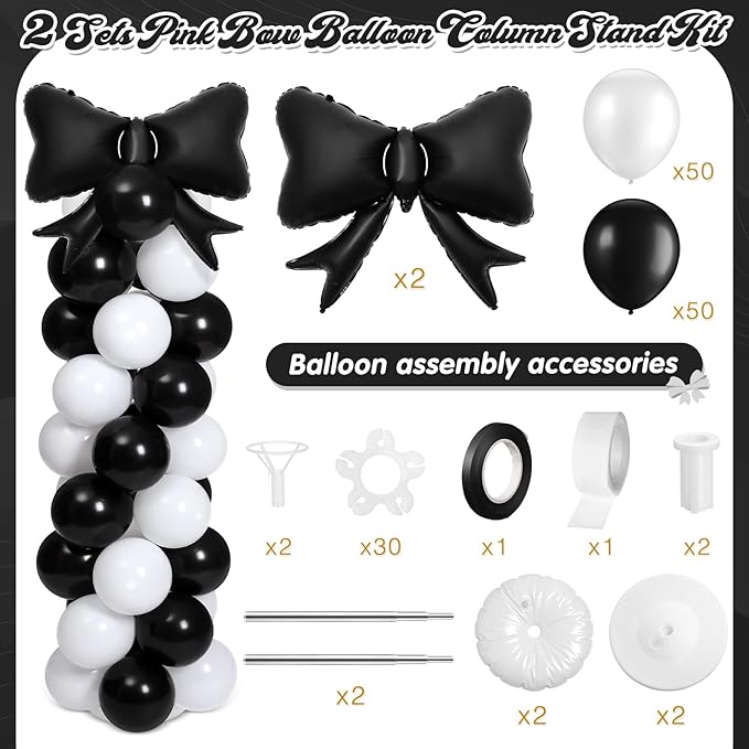 2 Sets Black White Bow Balloon Column Stand Kit Includes 2 Bows & 100