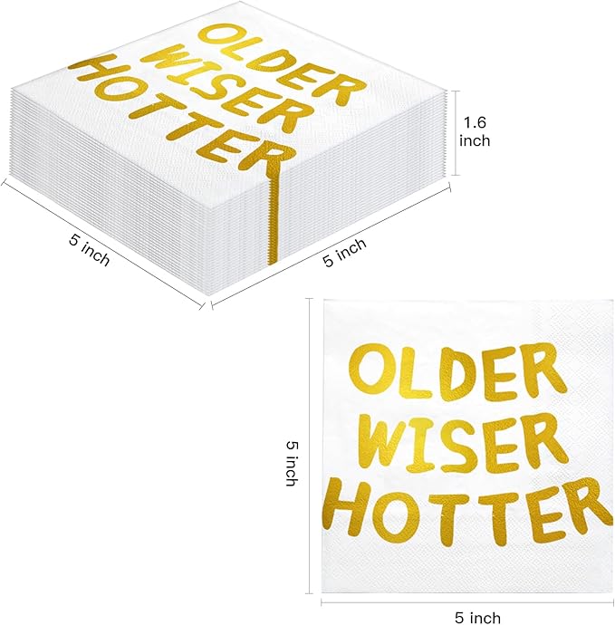 LeZakaa 25Pcs Birthday Paper Napkin, 3-Ply Gold Foil "Older Wiser