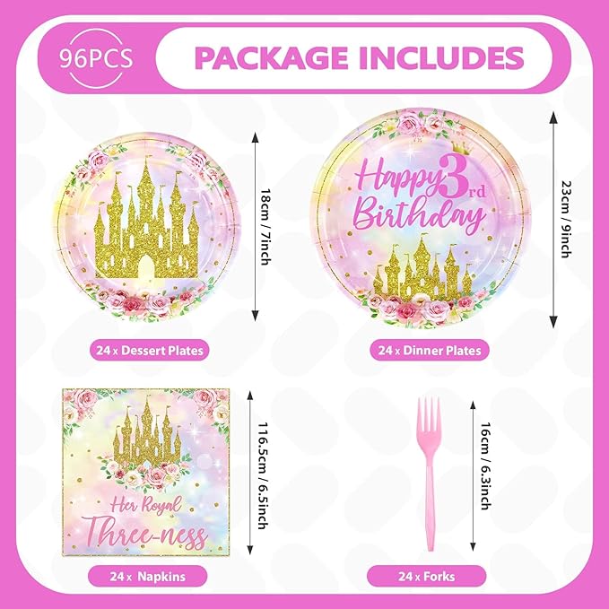 96 Pcs Princess 3rd Birthday Party Supplies Her Royal Threeness