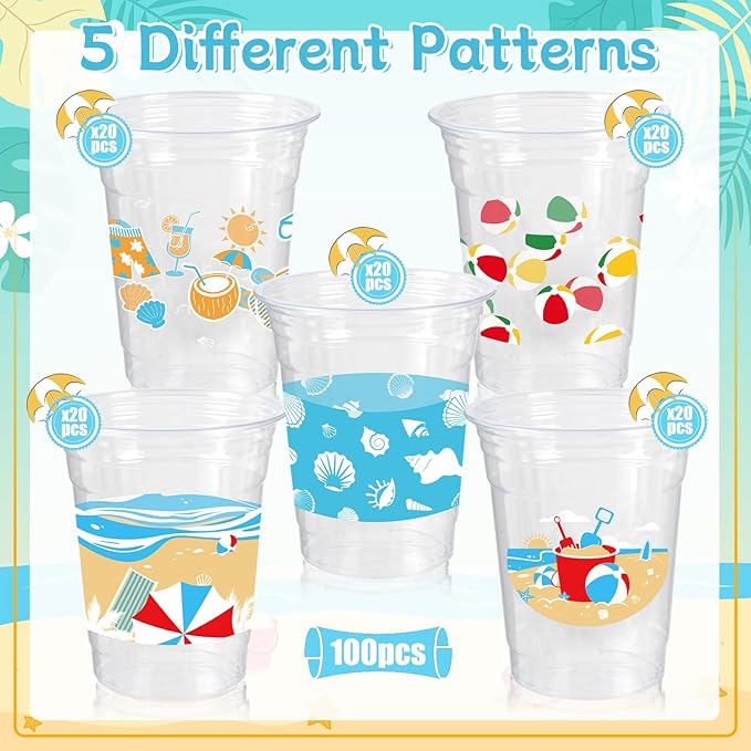 100Pcs Beach Pool Party Decoration Cups, 12 Oz Summer Disposable Cups