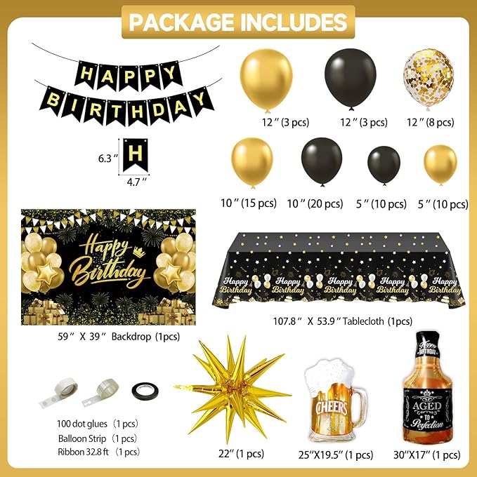 Black and Gold Birthday Decorations for Men Women Black