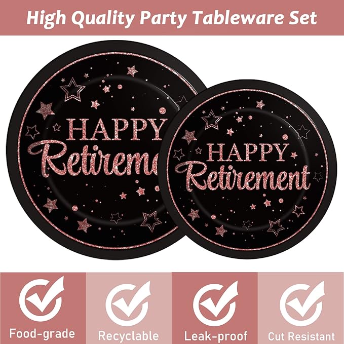 96 Pcs Retirement Party Plates Napkins Tableware Set Rose Gold Happy