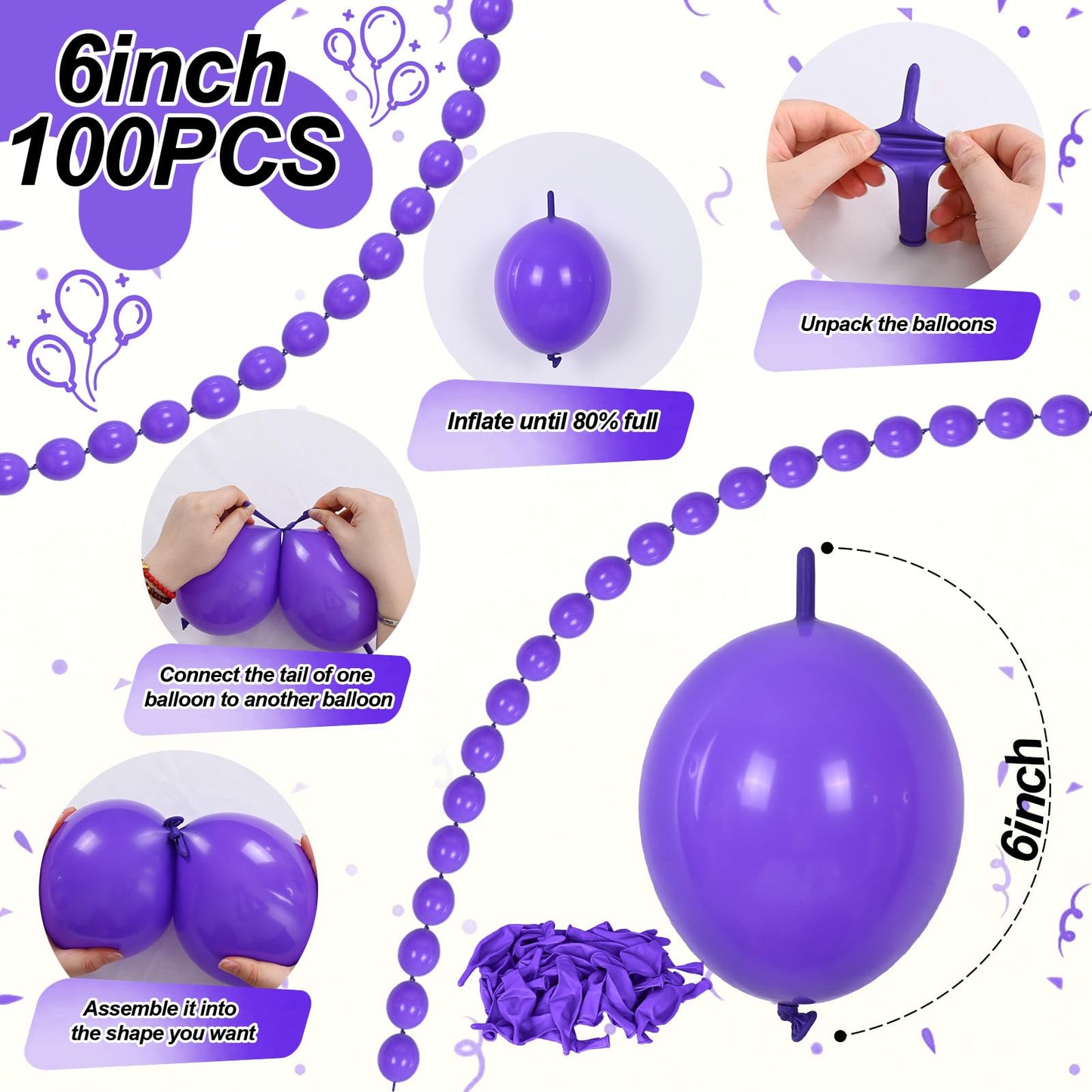 Purple Quick Linking Balloons, 100PCS 6 Inch Purple Link Balloons for