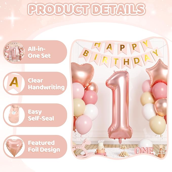 1st Birthday Decorations for Girls, 40 Inch Rose Gold Number 1