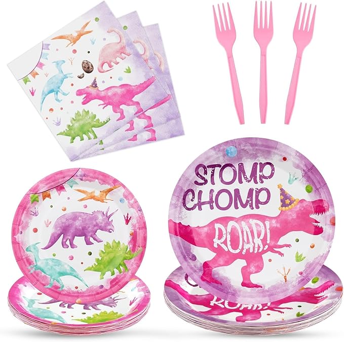Girl Dinosaur Party Decorations 64 PCS Dinosaur Plates Napkins and