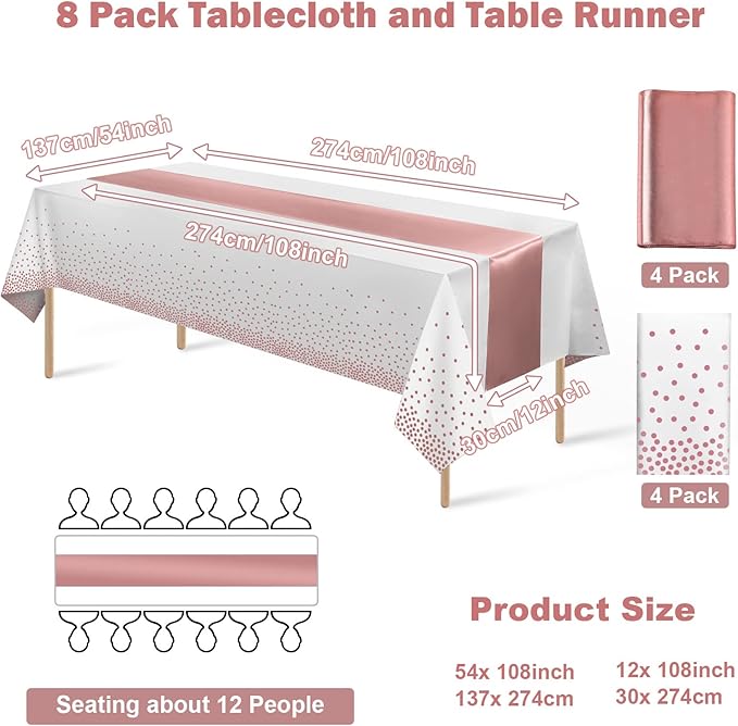 8Pack Disposable Plastic Tablecloths and Satin Table Runner Set White