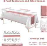 8Pack Disposable Plastic Tablecloths and Satin Table Runner Set White