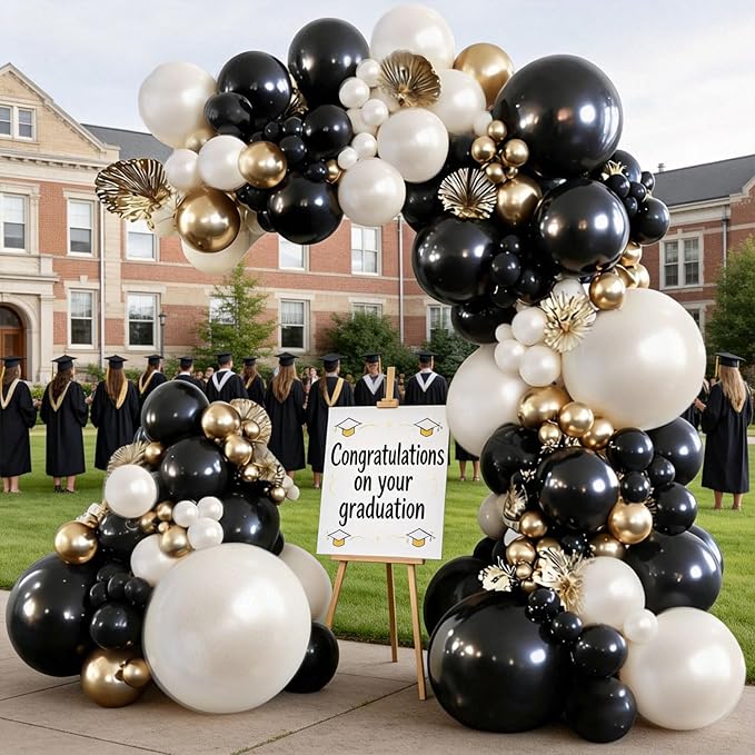 Black and Gold Balloon Arch Kit, Double Stuffed 129 Pcs Gold and