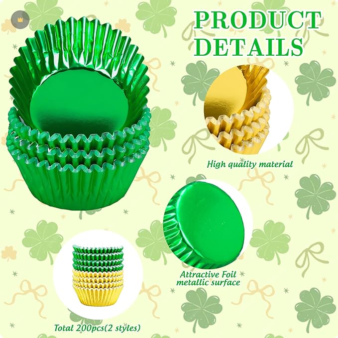 JarThenaAMCS 200Pcs St. Patrick's Day Foil Cupcake Liners Baking Cups
