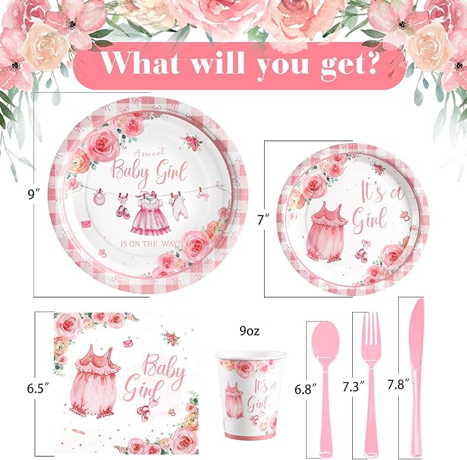 168Pcs Baby Shower Decorations for Girl, Pink Floral Baby Shower