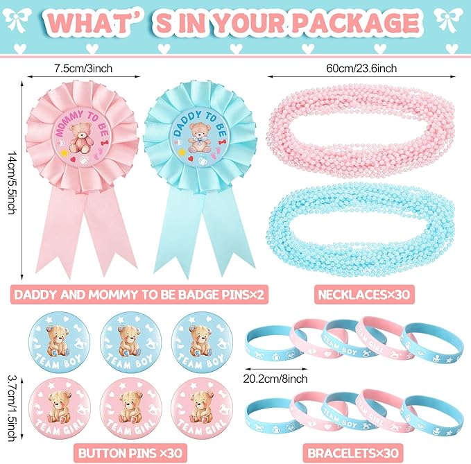 92 Pieces Gender Reveal Party Favors 30 Button Pins 30 Silicone
