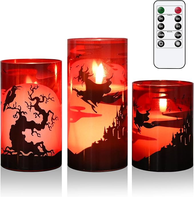 Halloween Flickering Candles with Witch Crow Raven Castle Decals Red