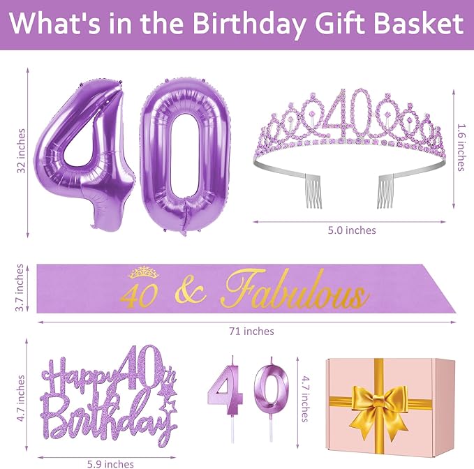 40th Birthday Decorations for Women Purple with 40th Birthday Sash