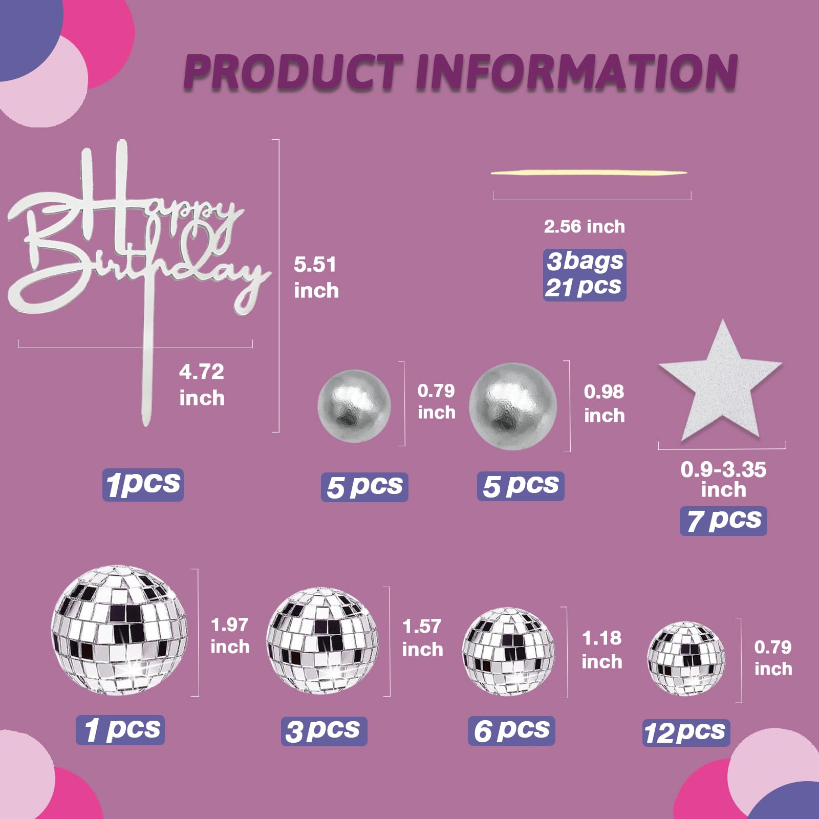 40Pcs Disco Ball Cake Toppers Silver Balls Cake Decorations with
