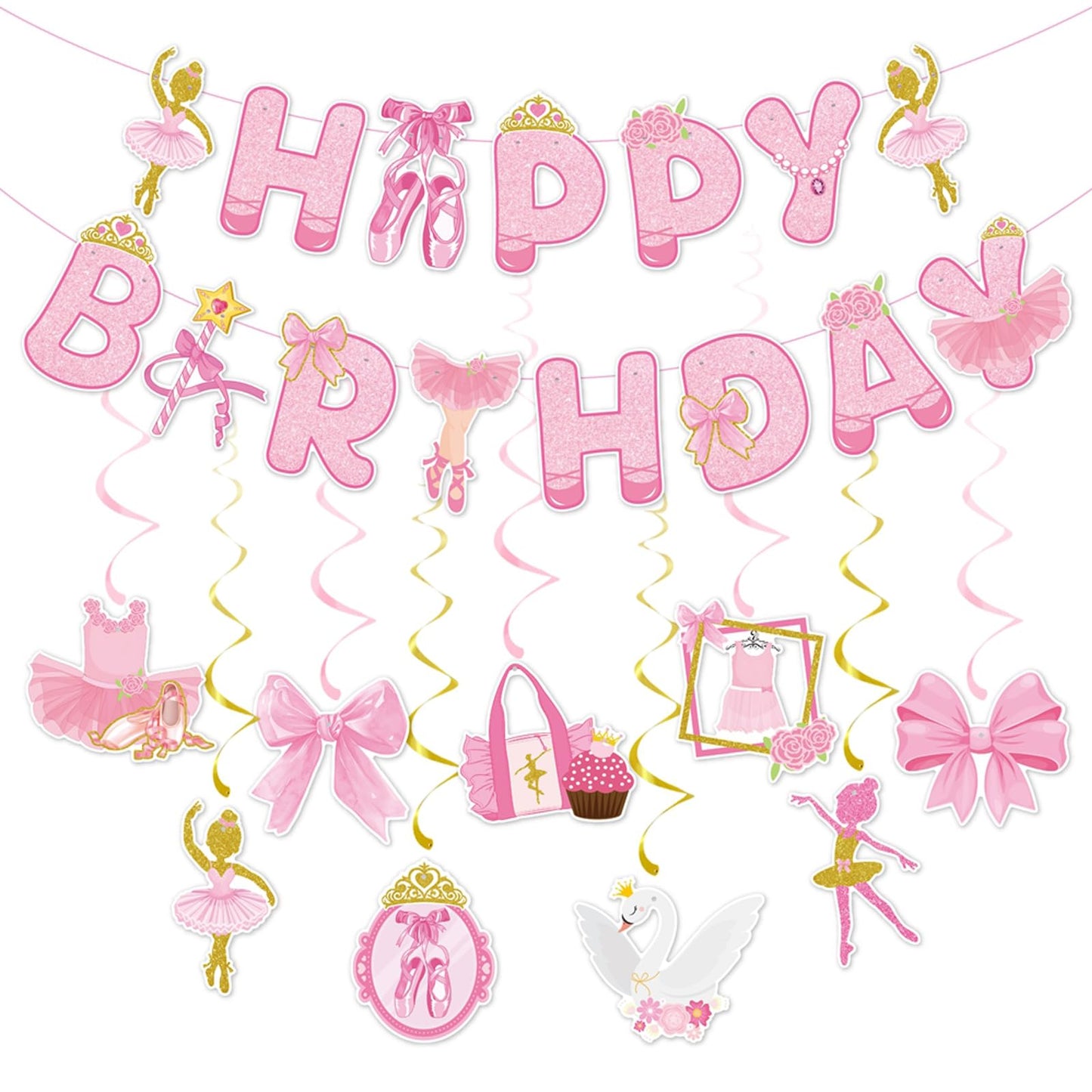 Zwiebeco Pink Gold Ballerina Happy Birthday Banner Bunting Hanging