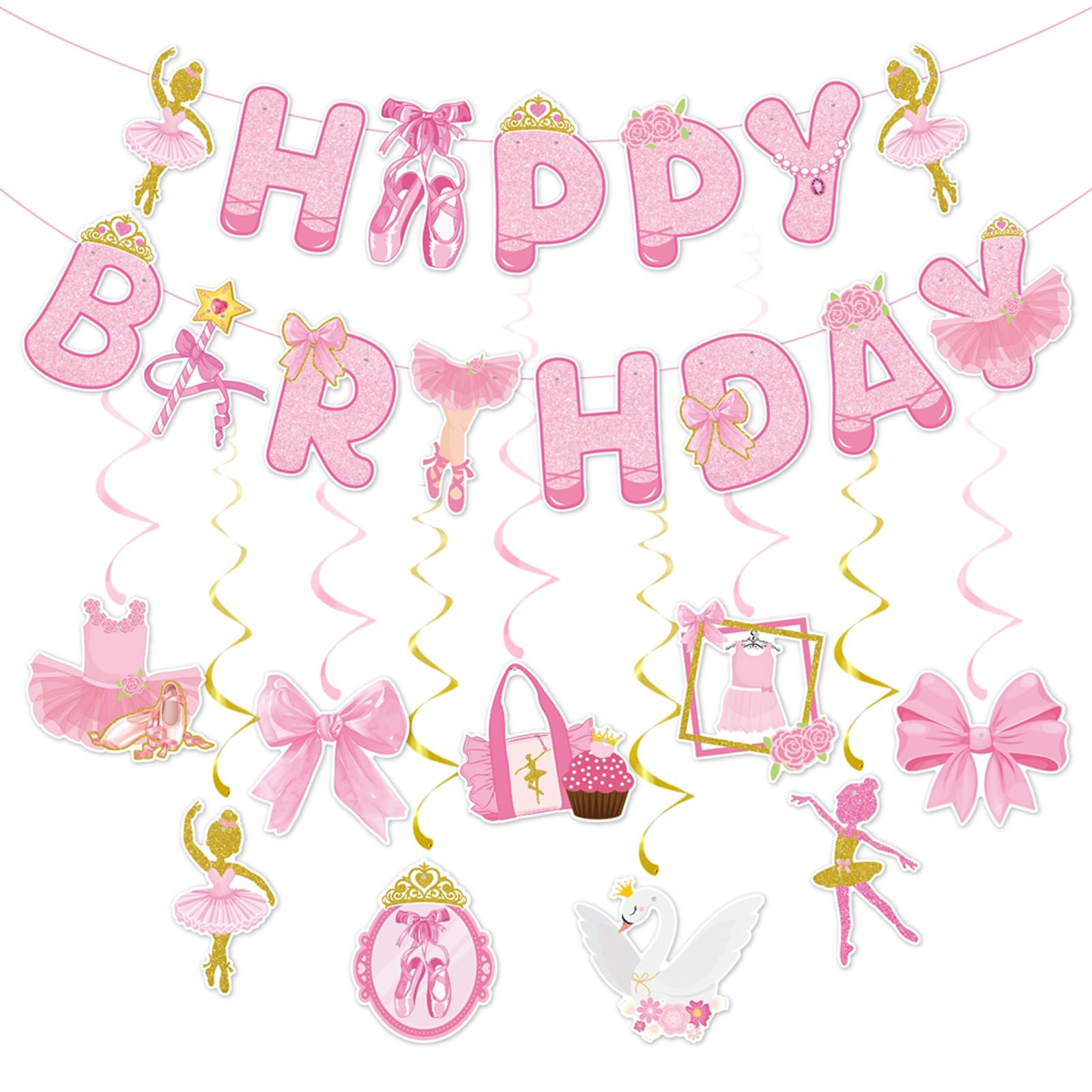 Zwiebeco Pink Gold Ballerina Happy Birthday Banner Bunting Hanging