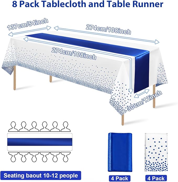 8Pack Disposable Plastic Tablecloths and Satin Table Runner White and