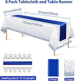 8Pack Disposable Plastic Tablecloths and Satin Table Runner White and