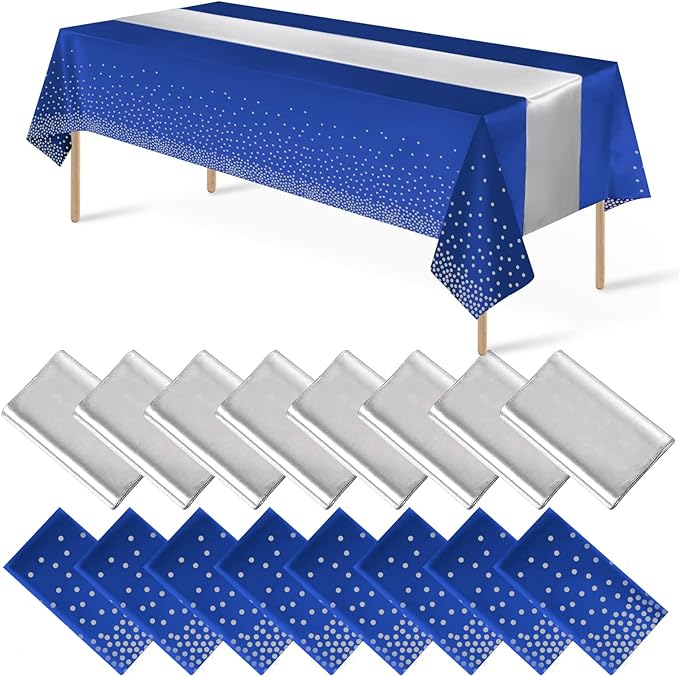 16Pack Disposable Plastic Tablecloths and Satin Table Runner Set Blue