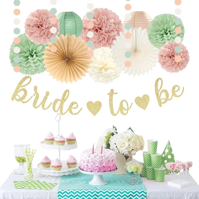 Sage Green Pink Bridal Shower Bachelorette Party Decorations 22pcs