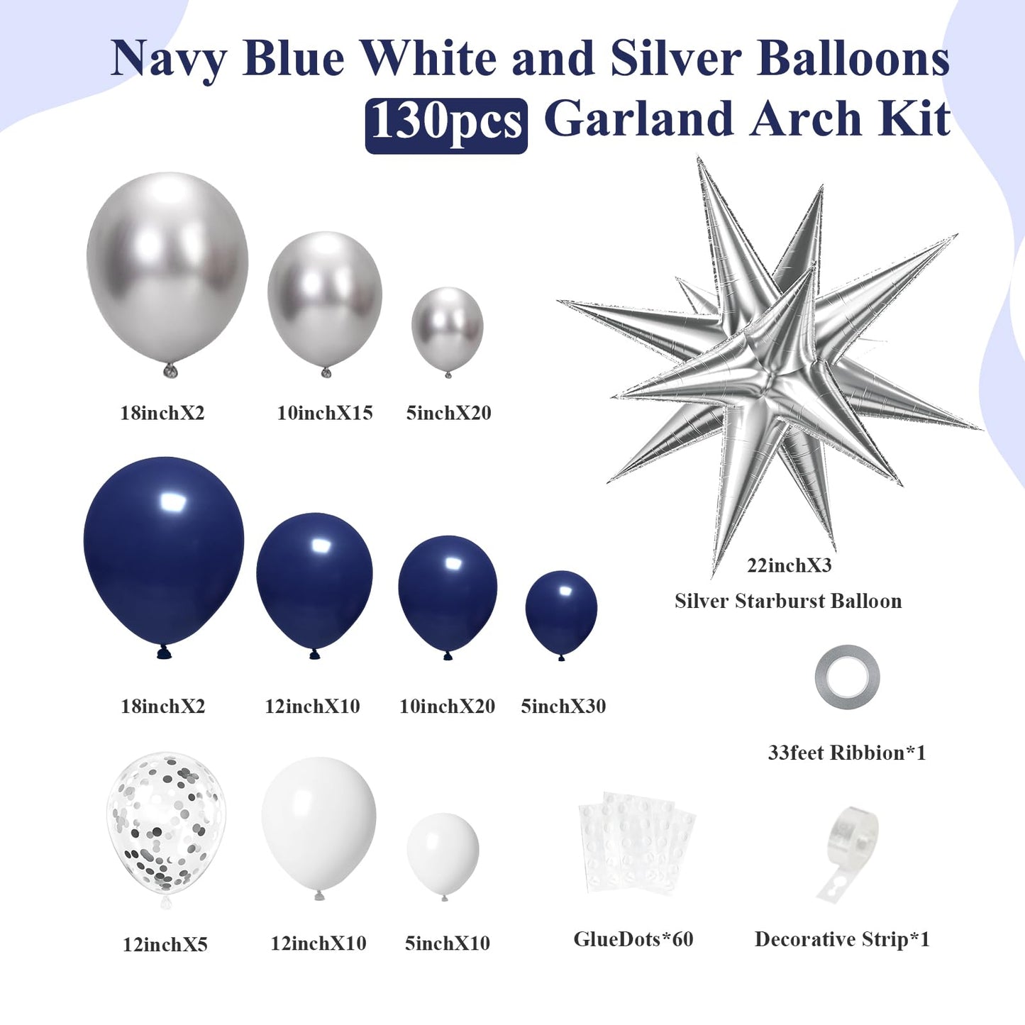 130pcs Navy Blue and Silver Balloon Garland Arch Kit with 3pcs Silver