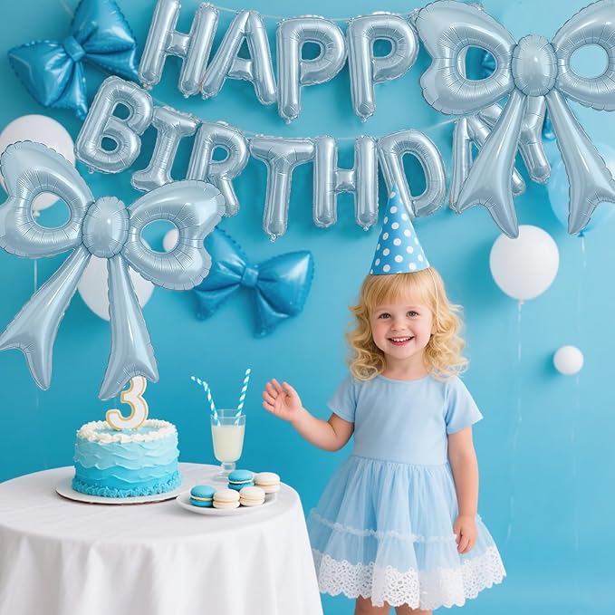Blue Happy Birthday Balloons, 31”Huge Light Blue Bow Aluminum Foil