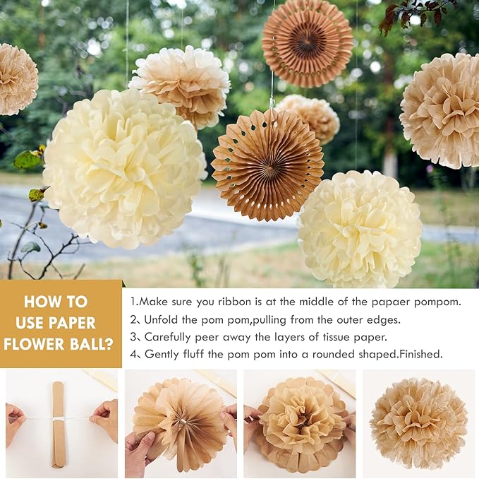 PAPER JAZZ 15 Pcs Wedding Decoration Vintage Beige Pompoms Decoration