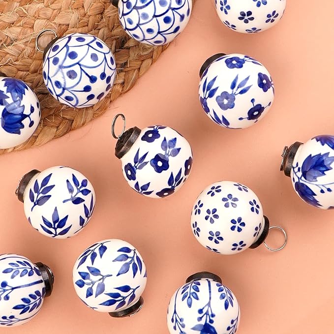 IndianShelf 24 Large Blue and White Ceramic Christmas Ornaments