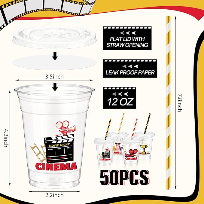 50 Pcs Movie Night Cups 12 oz Disposable Plastic Cups with Straws