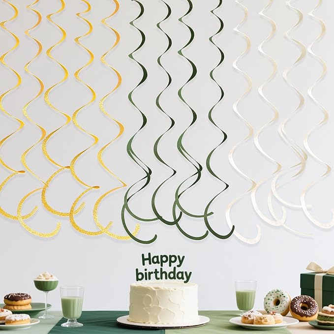 36Pcs Sage Green Gold Hanging Swirl Decorations Glitter Gold Olive