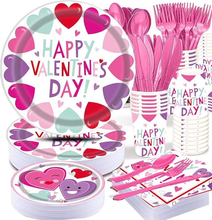 Valentines Day Heart Tableware for Kids 25 Set Disposable Dinnerware