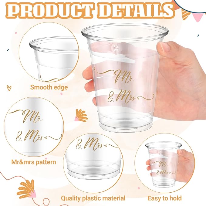 50 Pcs Mr and Mrs Cups 12 oz Plastic Wedding Cups Clear Engagement
