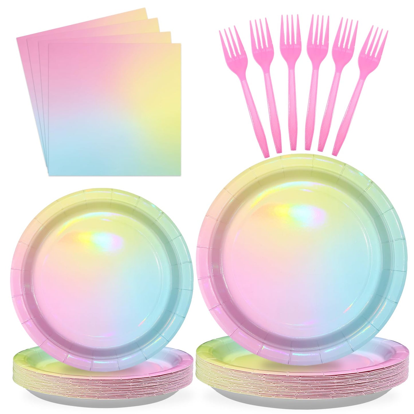 96Pcs Pastel Rainbow Birthday Party Supplies Iridescent Pastel Plates