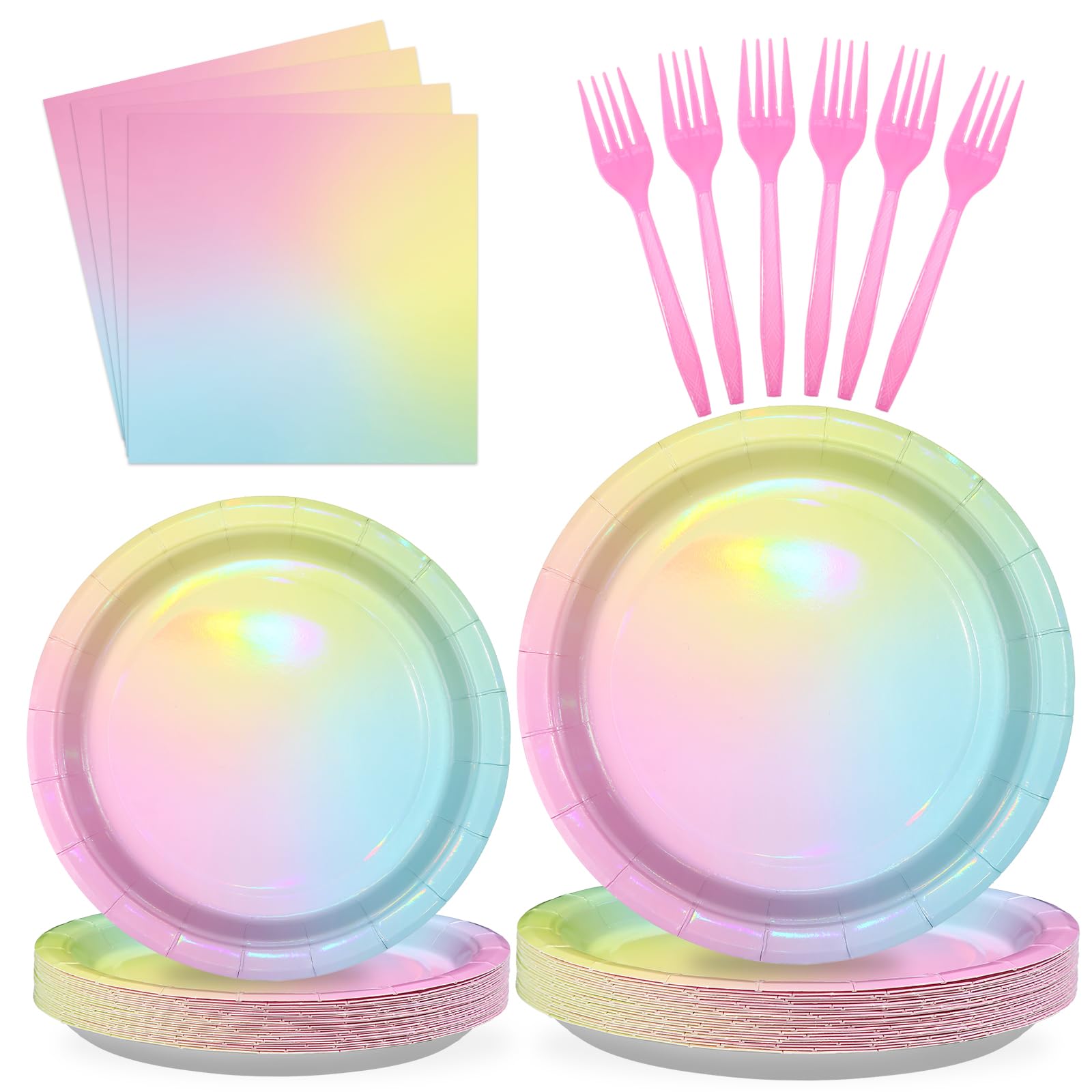 96Pcs Pastel Rainbow Birthday Party Supplies Iridescent Pastel Plates