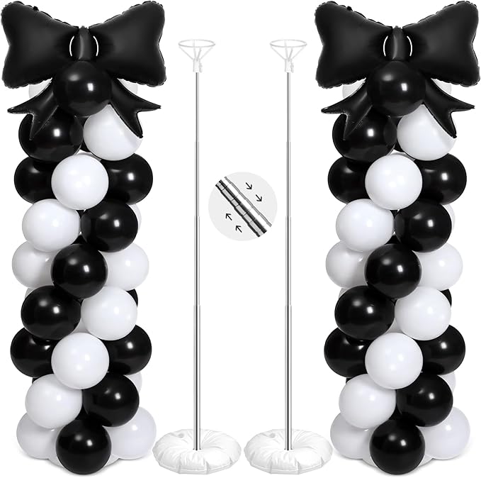 2 Sets Black White Bow Balloon Column Stand Kit Includes 2 Bows & 100