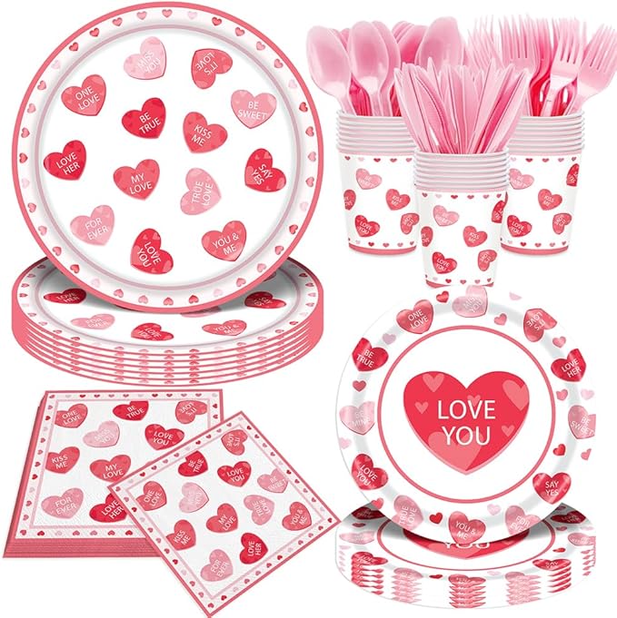 140Pcs Pink Heart Valentine's Day Party Supplies Love You Plates and