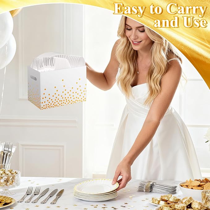 2PCS White and Gold Utensil Holder Paper Utensil Caddy for Engagement