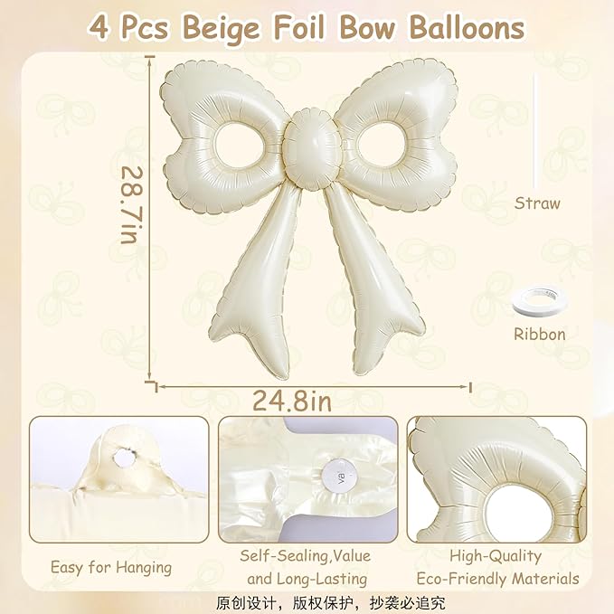 4 Pcs Cream Bow Balloons, 31”Huge Beige Bow Aluminum Foil Balloons