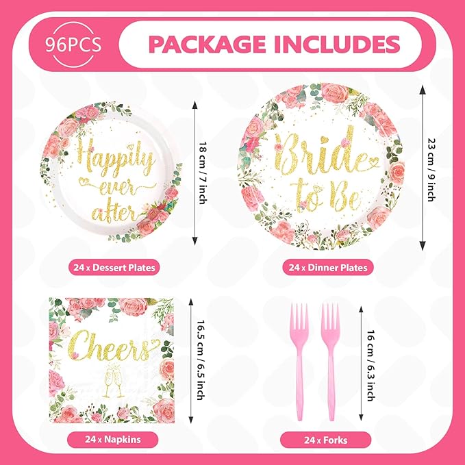 96 Pcs Bachelorette Party Decorations Rose Gold Bride Shower Plates
