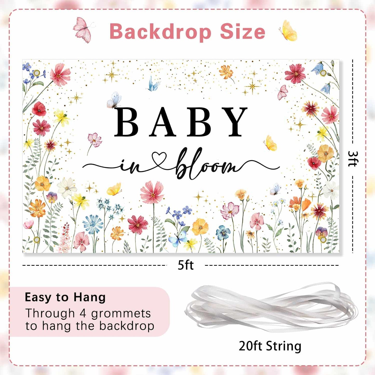 Wildflower Baby in Bloom Backdrop Banner Baby Shower Decorations for